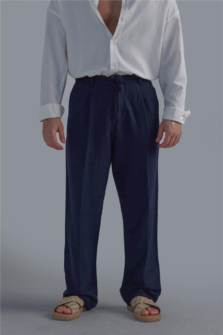 Bel Bağlamalı Keten Baggy Lacivert