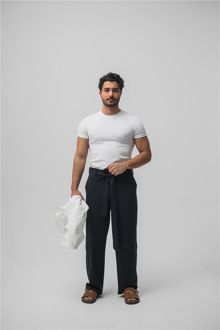 Bel Kuşaklı Klasik Baggy Pant. Lacivert