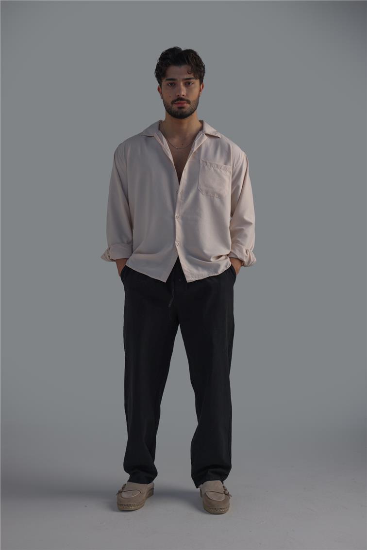 Cepli İnce Keten Gömlek Bej