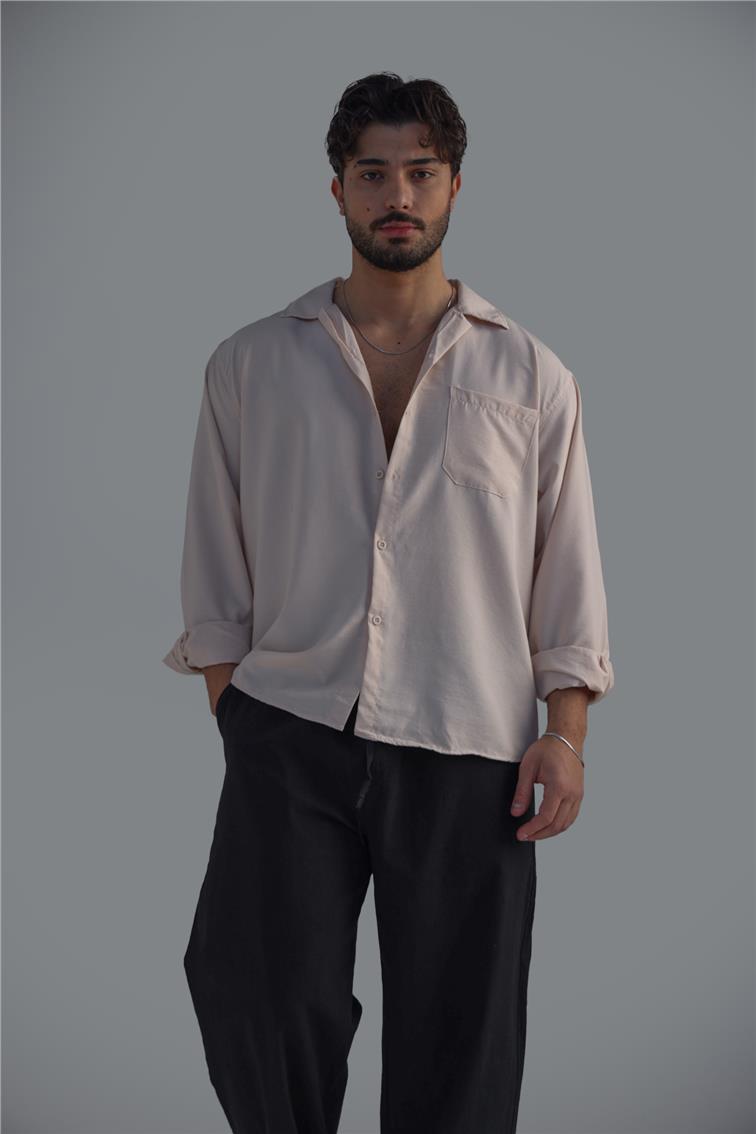 Cepli İnce Keten Gömlek Bej