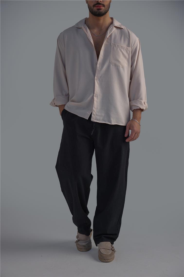 Cepli İnce Keten Gömlek Bej