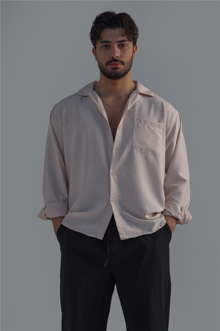 Cepli İnce Keten Gömlek Bej