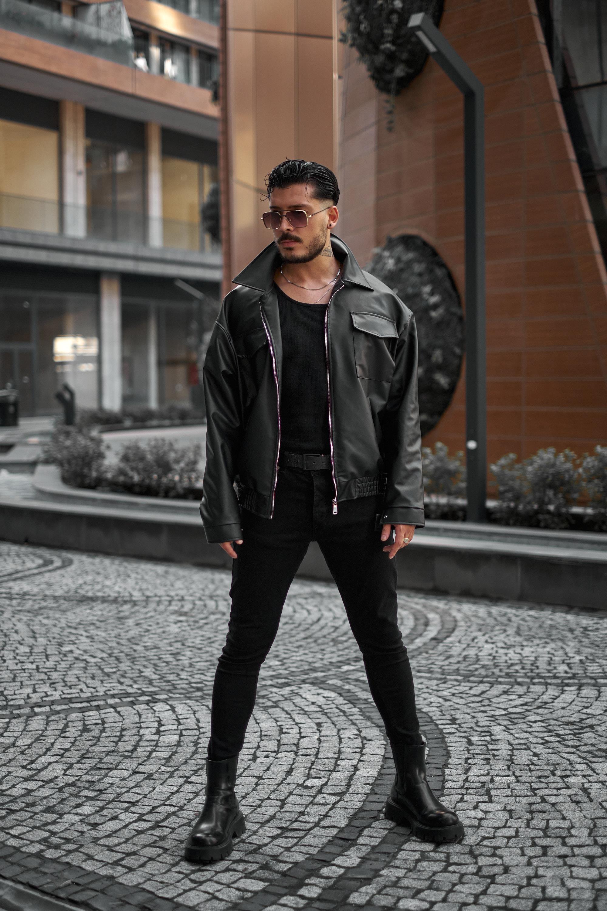 Çift Kapak Cepli Oversize Deri Ceket Siyah