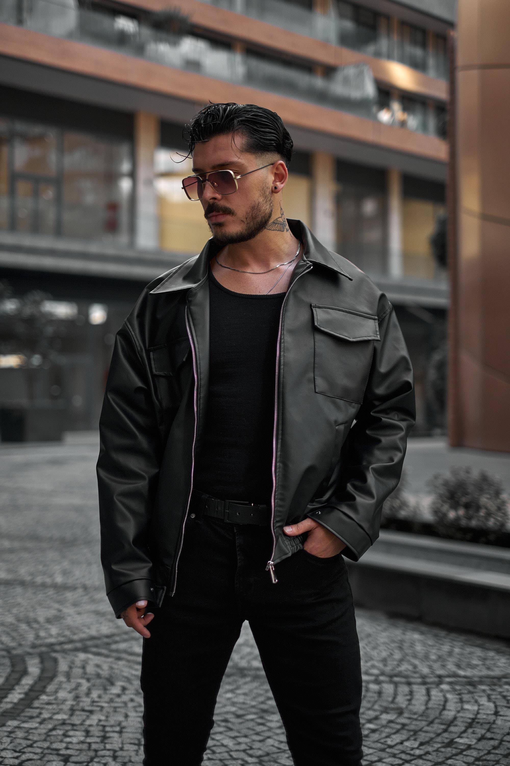 Çift Kapak Cepli Oversize Deri Ceket Siyah