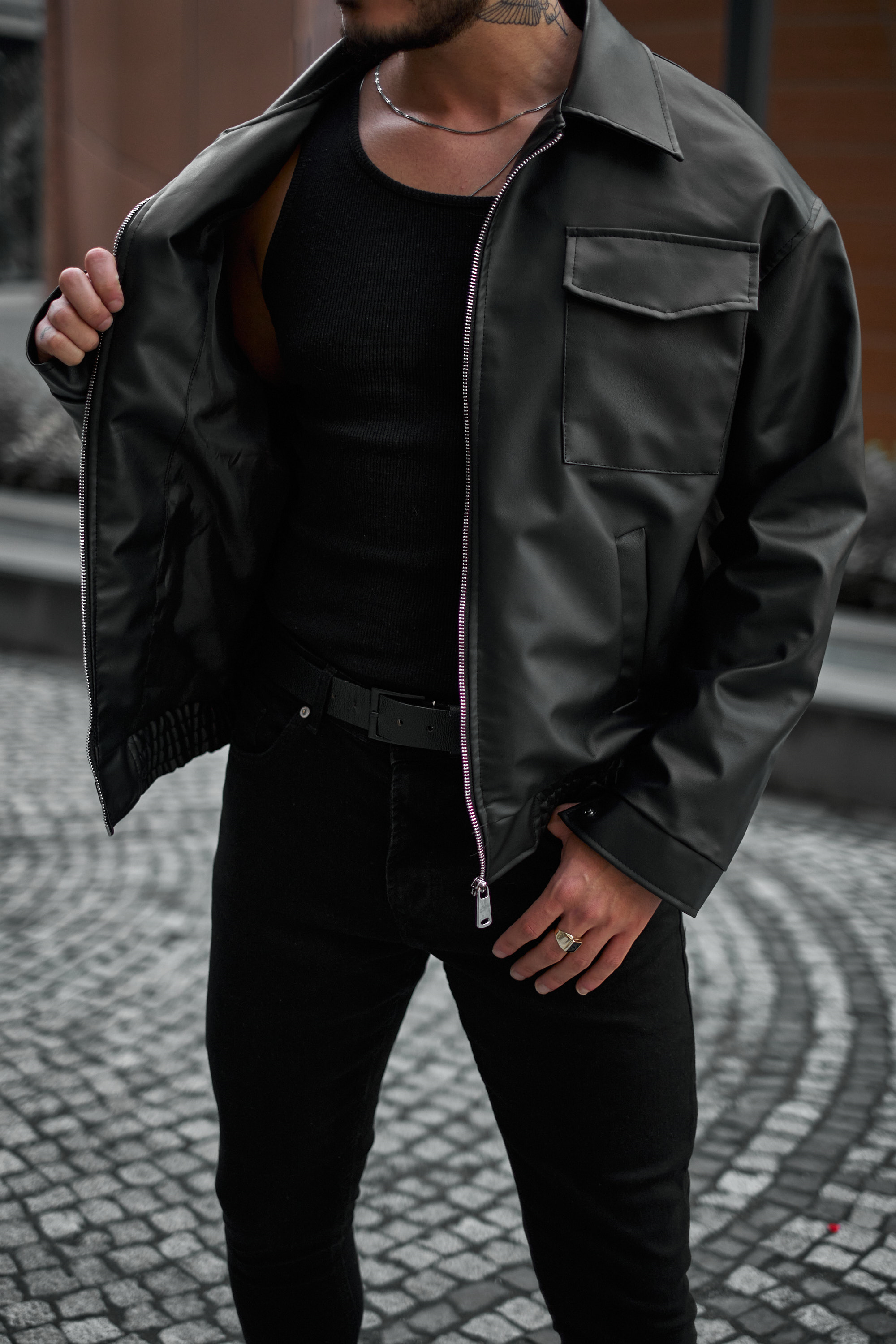 Çift Kapak Cepli Oversize Deri Ceket Siyah