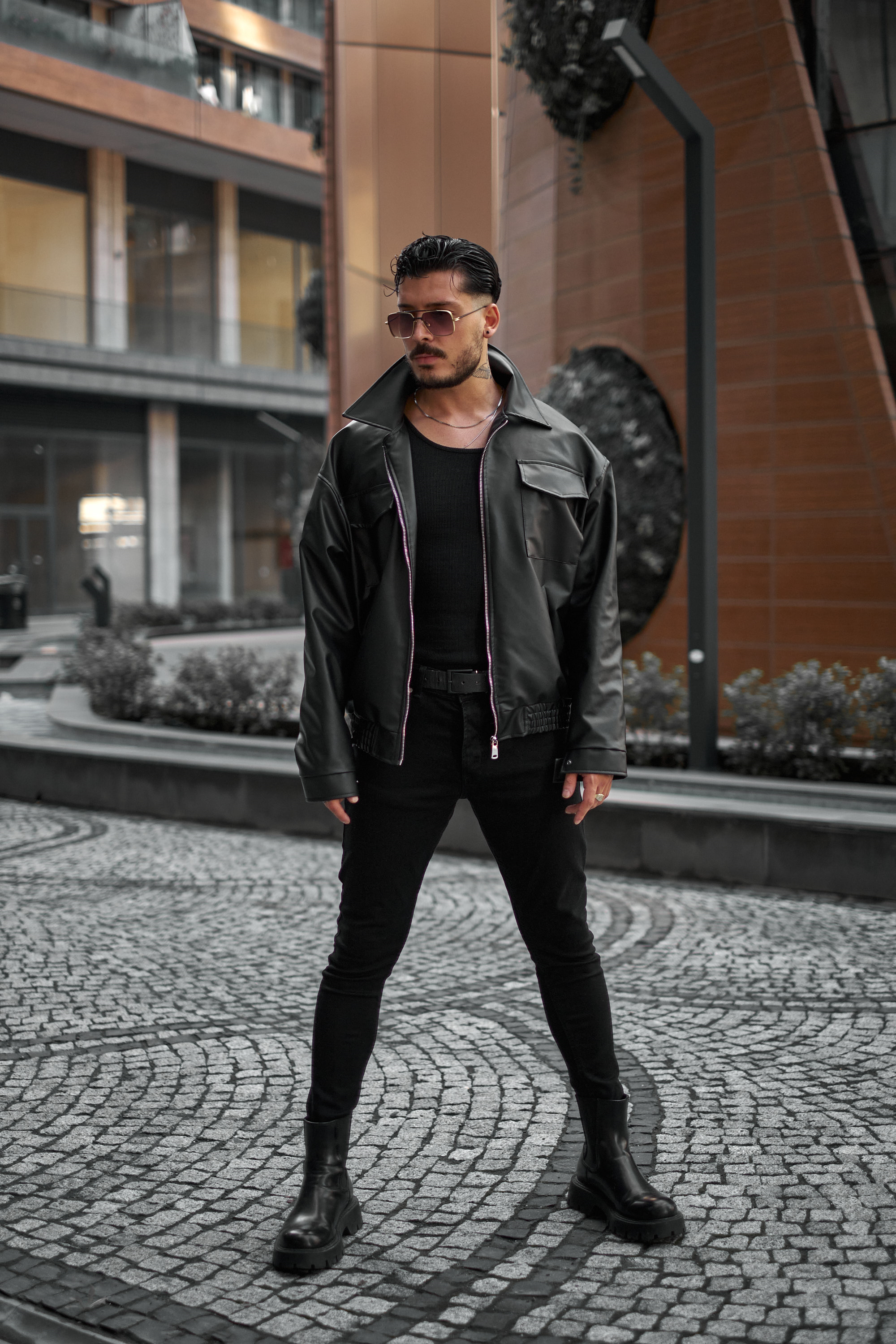 Çift Kapak Cepli Oversize Deri Ceket Siyah