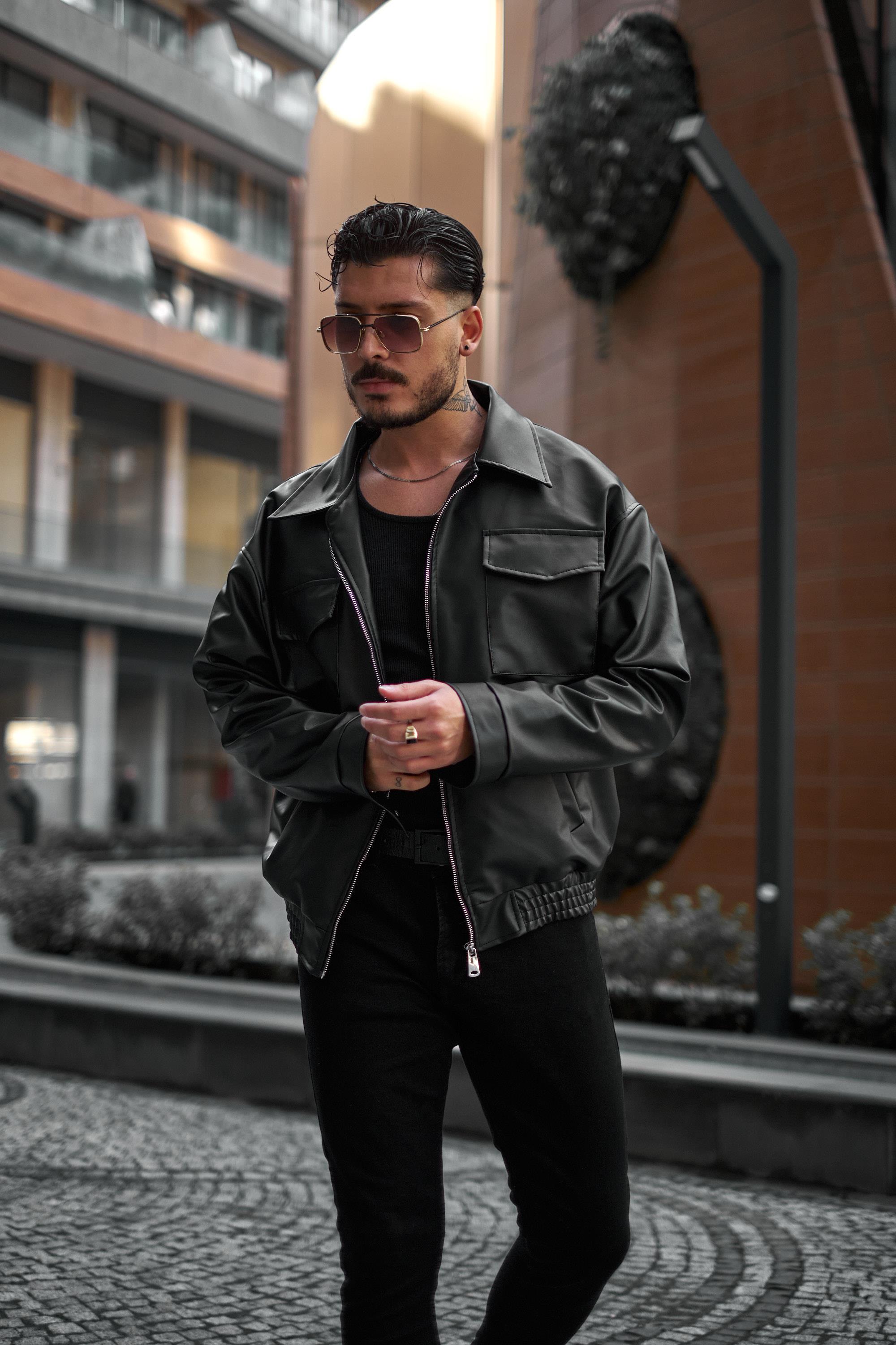 Çift Kapak Cepli Oversize Deri Ceket Siyah