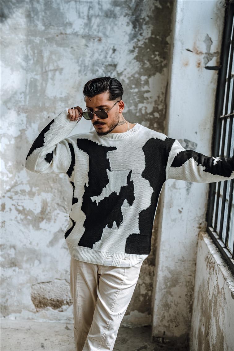 Çift Renk  Bol Dokulu Kazak Beyaz