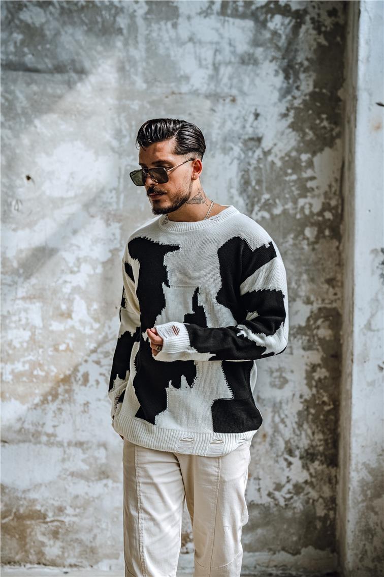 Çift Renk  Bol Dokulu Kazak Beyaz