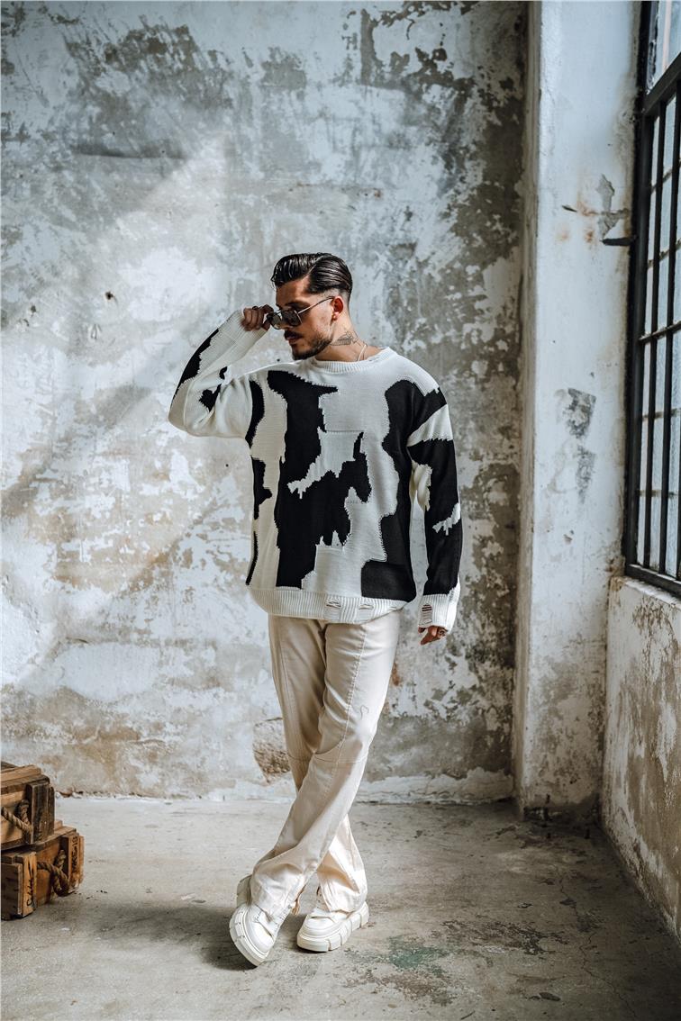 Çift Renk  Bol Dokulu Kazak Beyaz