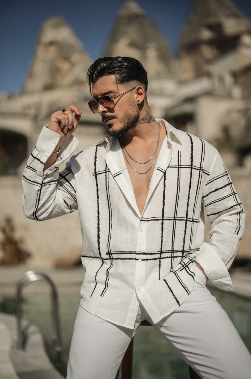Çizgi Detay Oversize Gömlek Beyaz