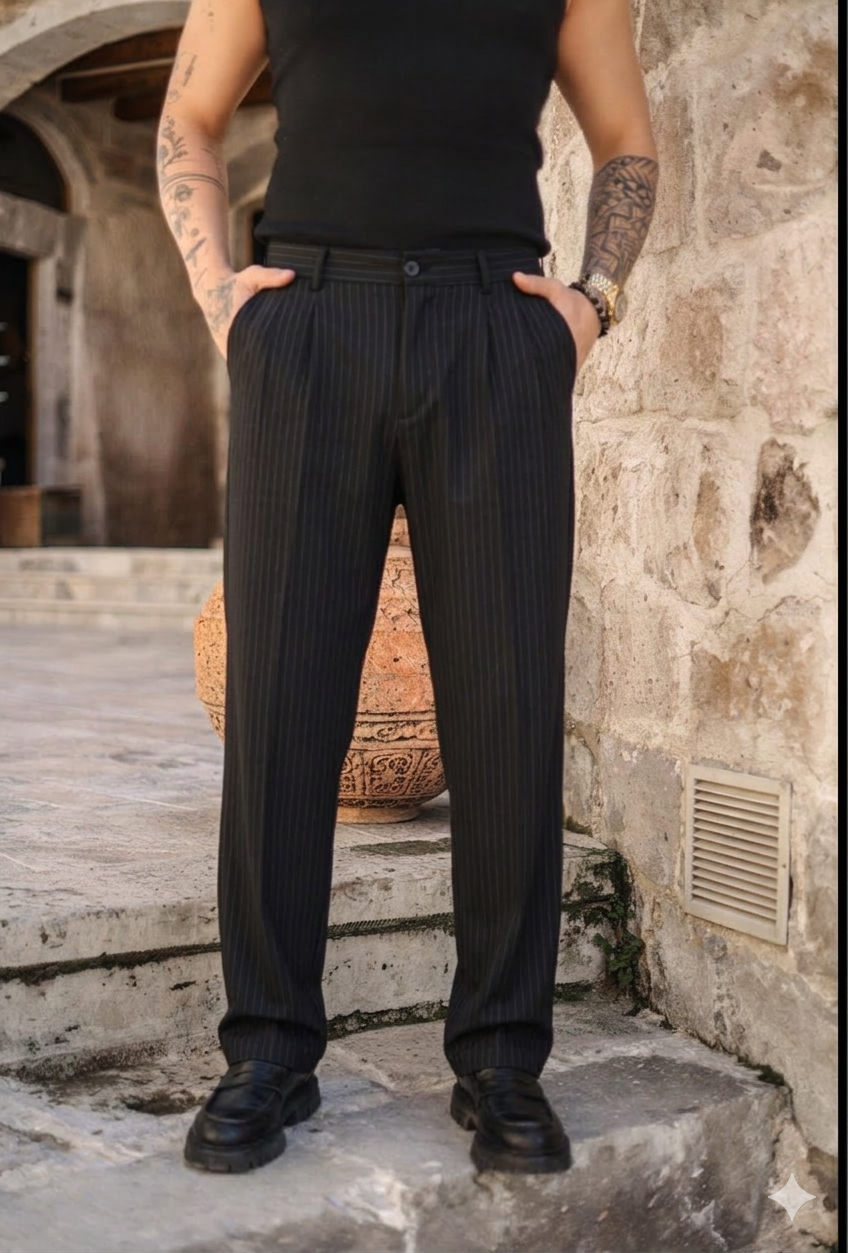 Çizgili Baggy Klasik Pantolon Siyah