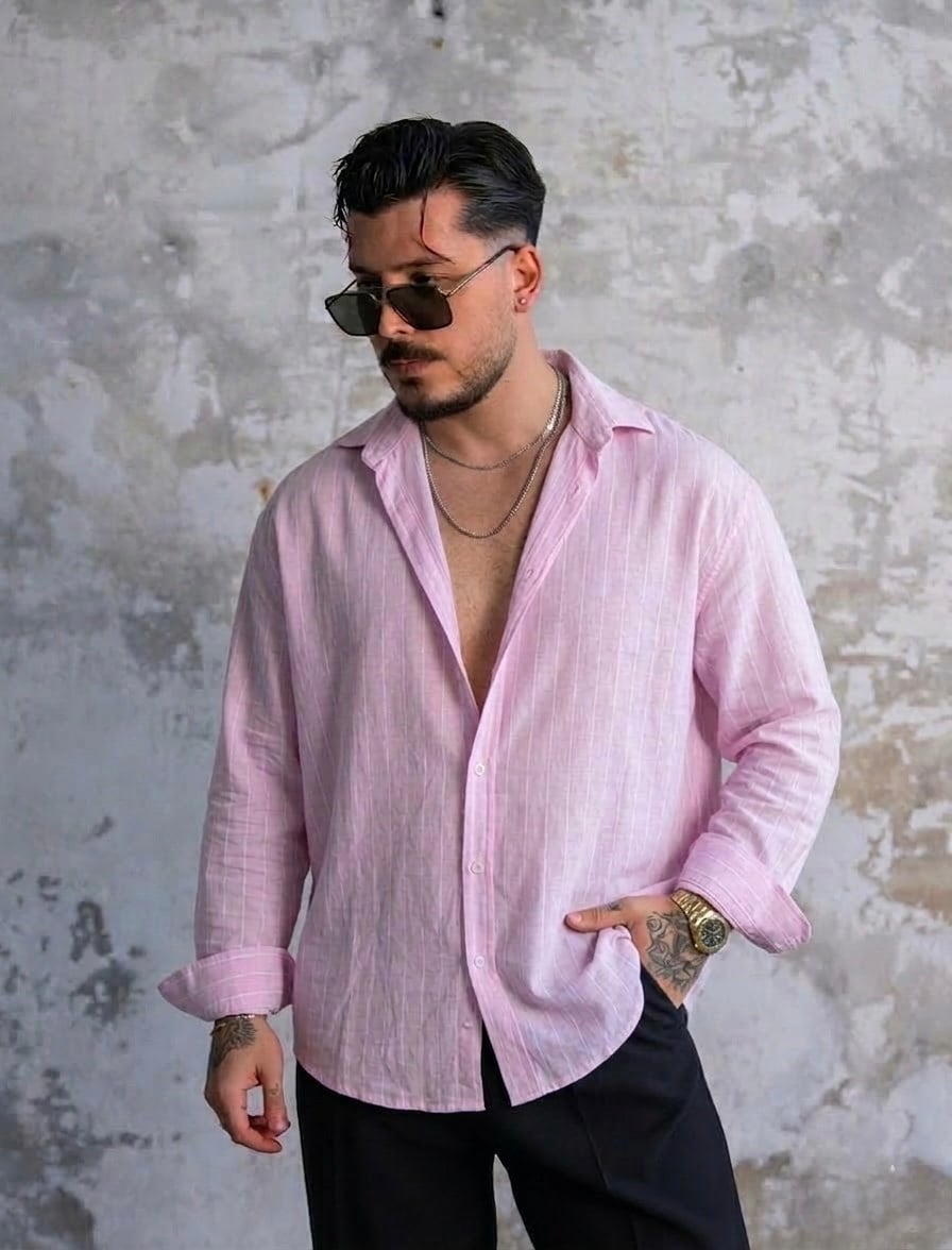 Çizgili Keten Bol Gömlek Pembe