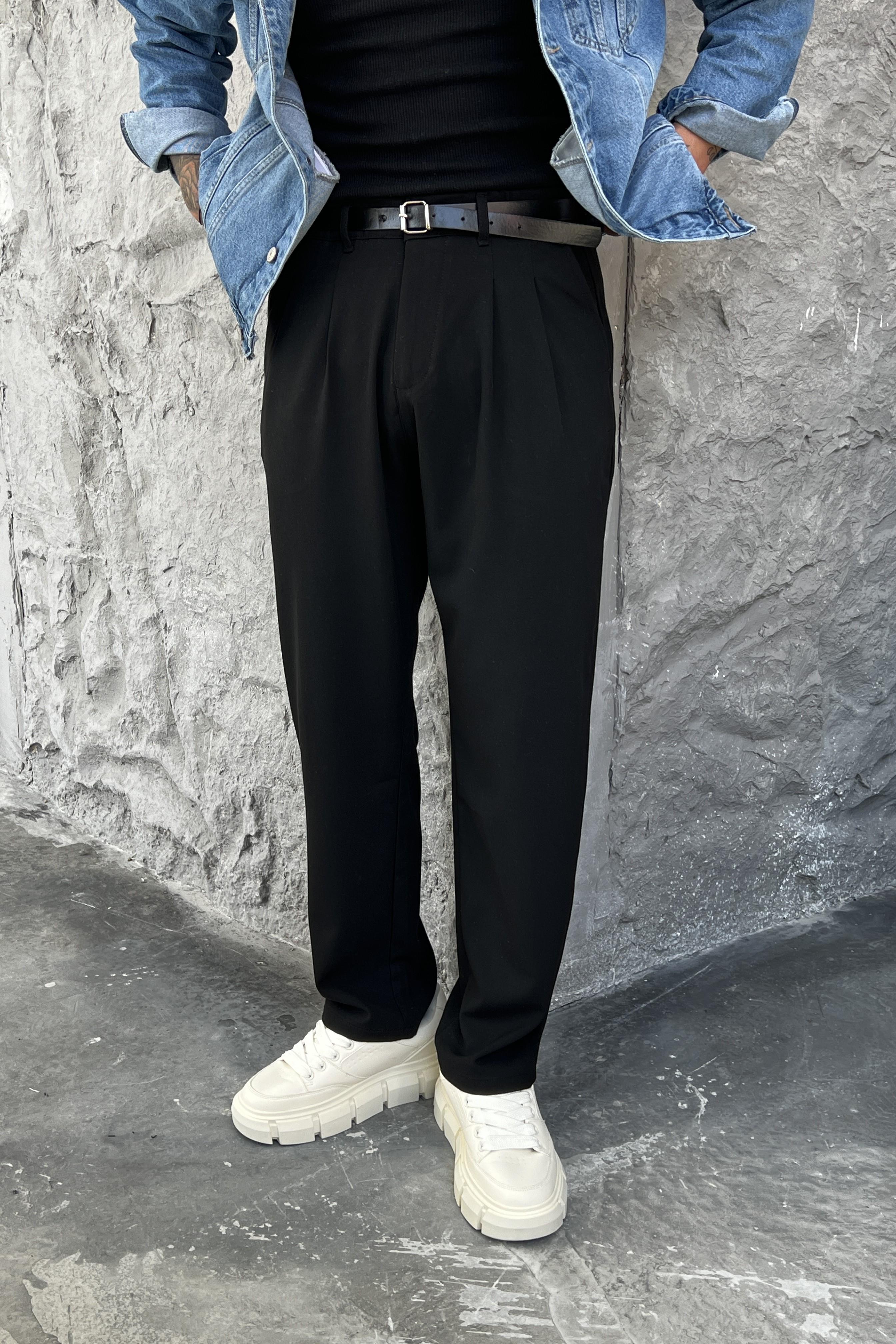 Classic Wide Pleated Baggy Pantolon Siyah