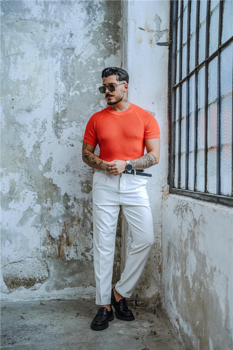 Dar Kalıp Orgülü Triko T-Shirt Turuncu