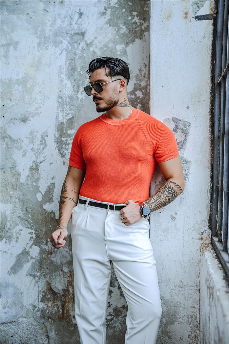 Dar Kalıp Orgülü Triko T-Shirt Turuncu