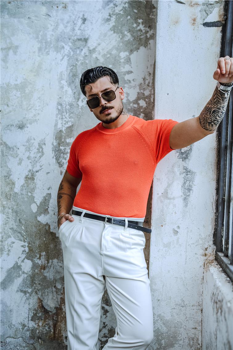 Dar Kalıp Orgülü Triko T-Shirt Turuncu