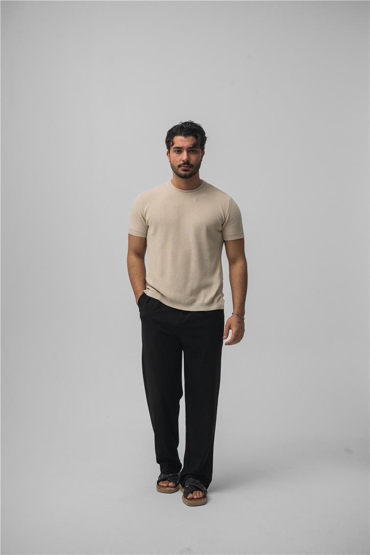Dar Kalıp Örme T-Shirt Krem