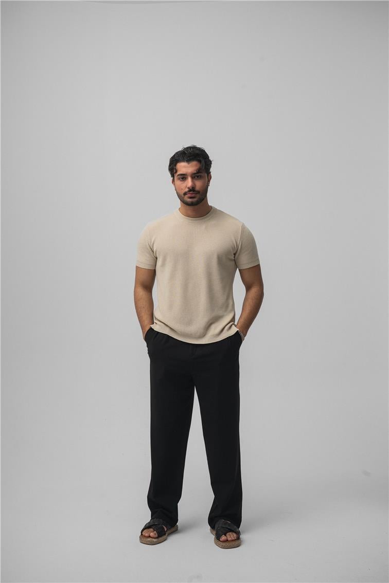Dar Kalıp Örme T-Shirt Krem