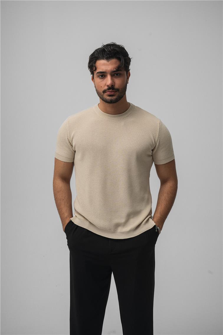 Dar Kalıp Örme T-Shirt Krem