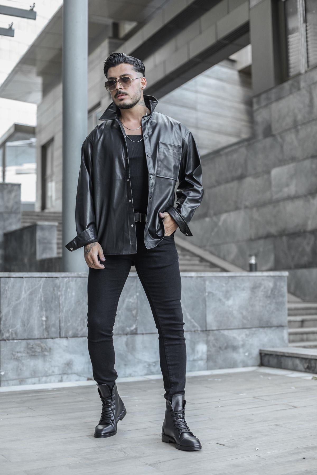 Deri Oversize Gömlek Siyah