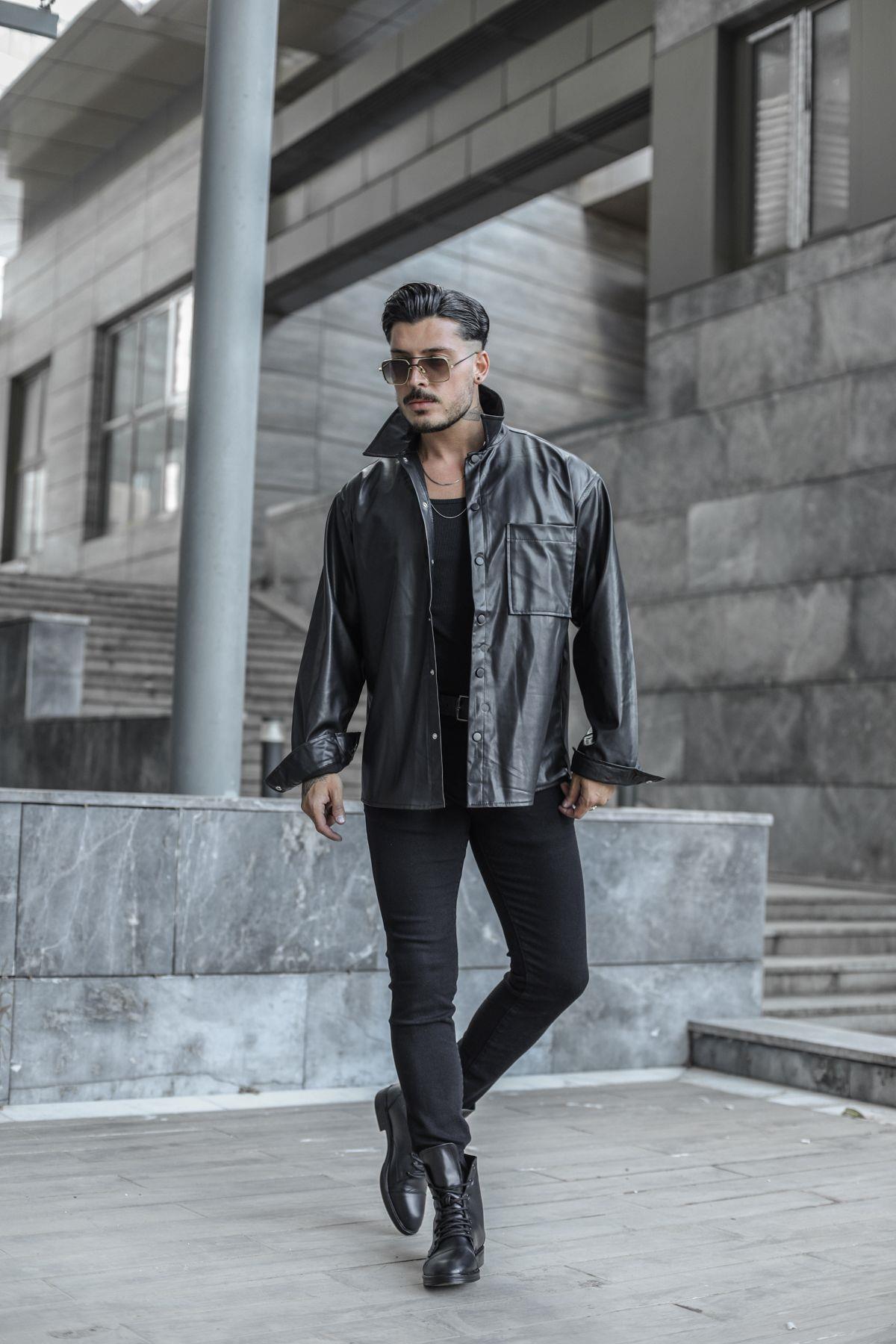 Deri Oversize Gömlek Siyah