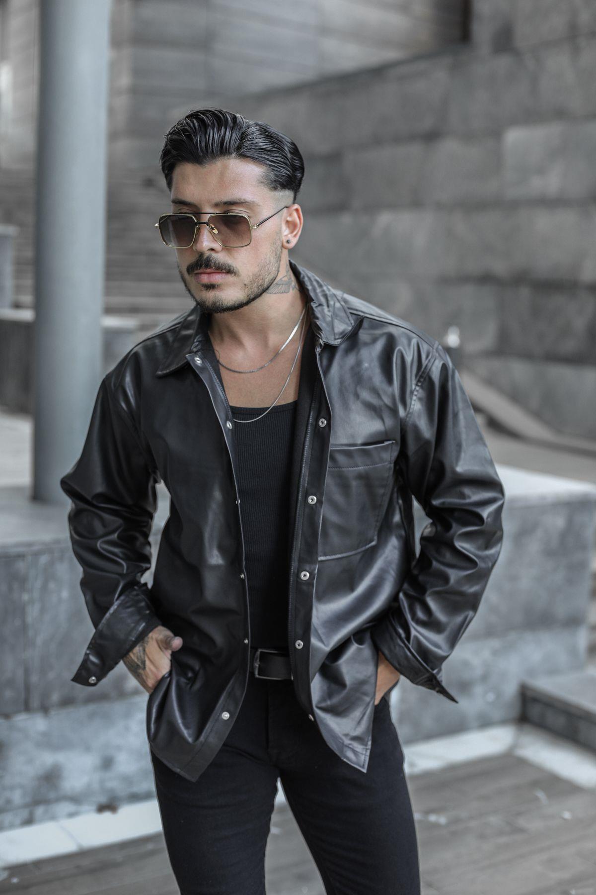 Deri Oversize Gömlek Siyah