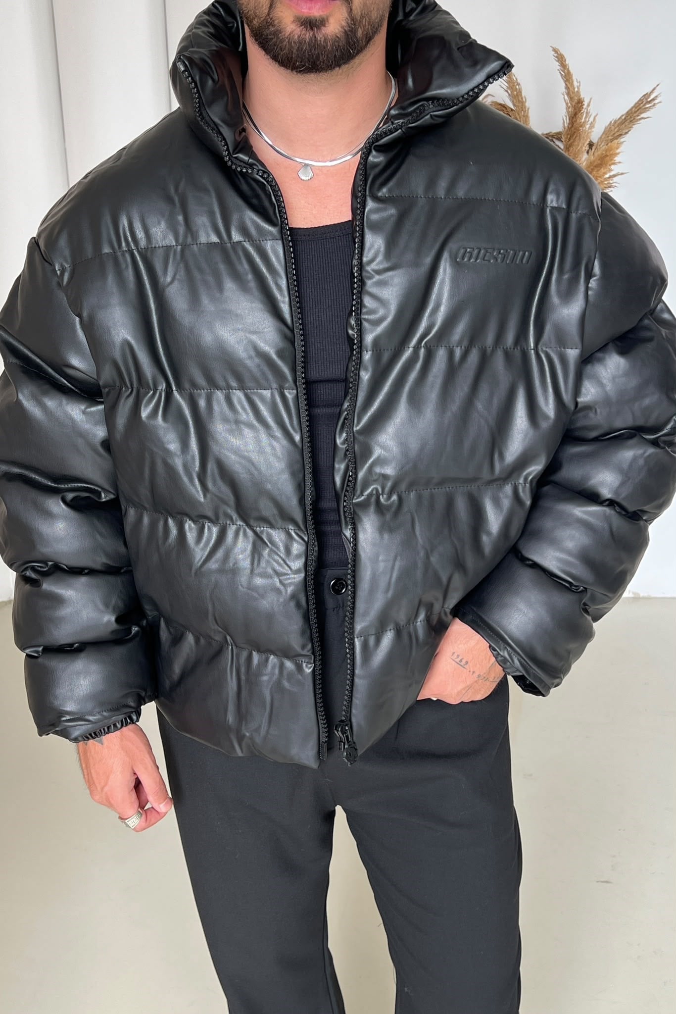 Deri Şişme Oversize Mont Siyah