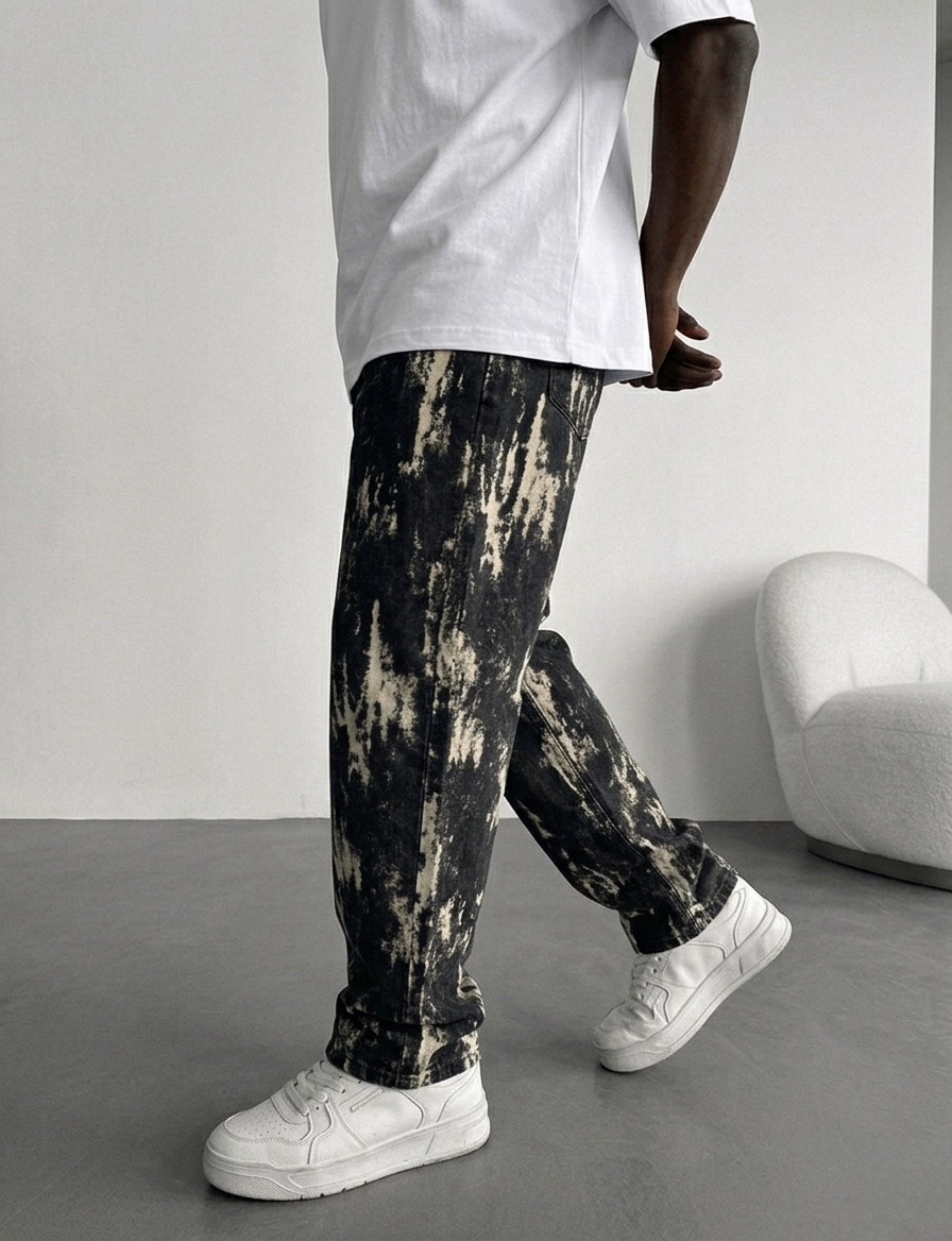 Desenli Eskitme Baggy Jean Siyah