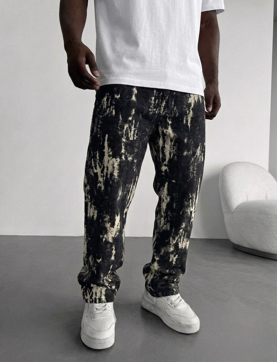 Desenli Eskitme Baggy Jean Siyah