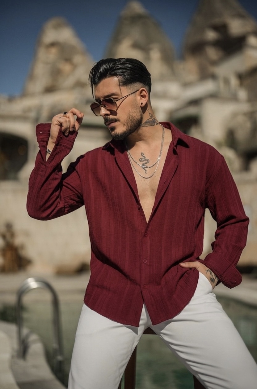 Desenli Müslin Oversize Gömlek Bordo