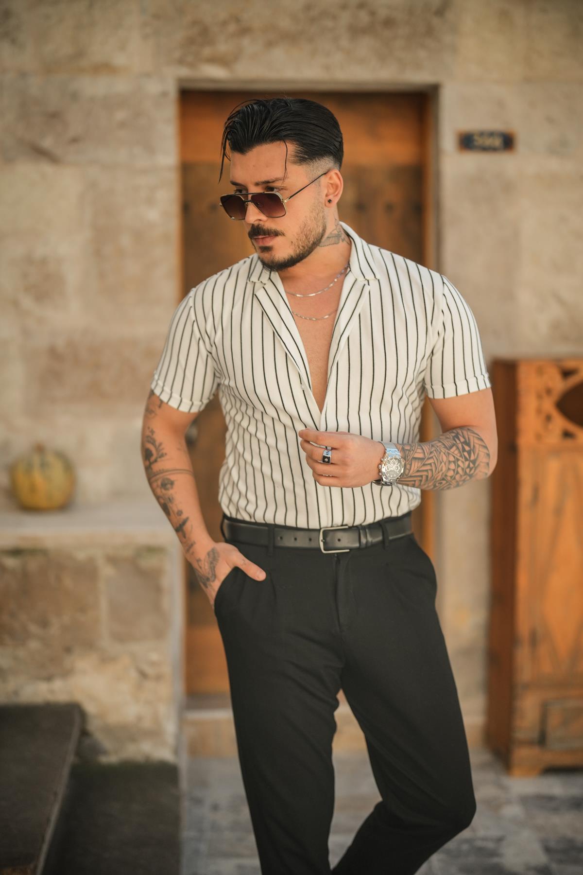 Dik Çizgili Slim Fit Gömlek Beyaz