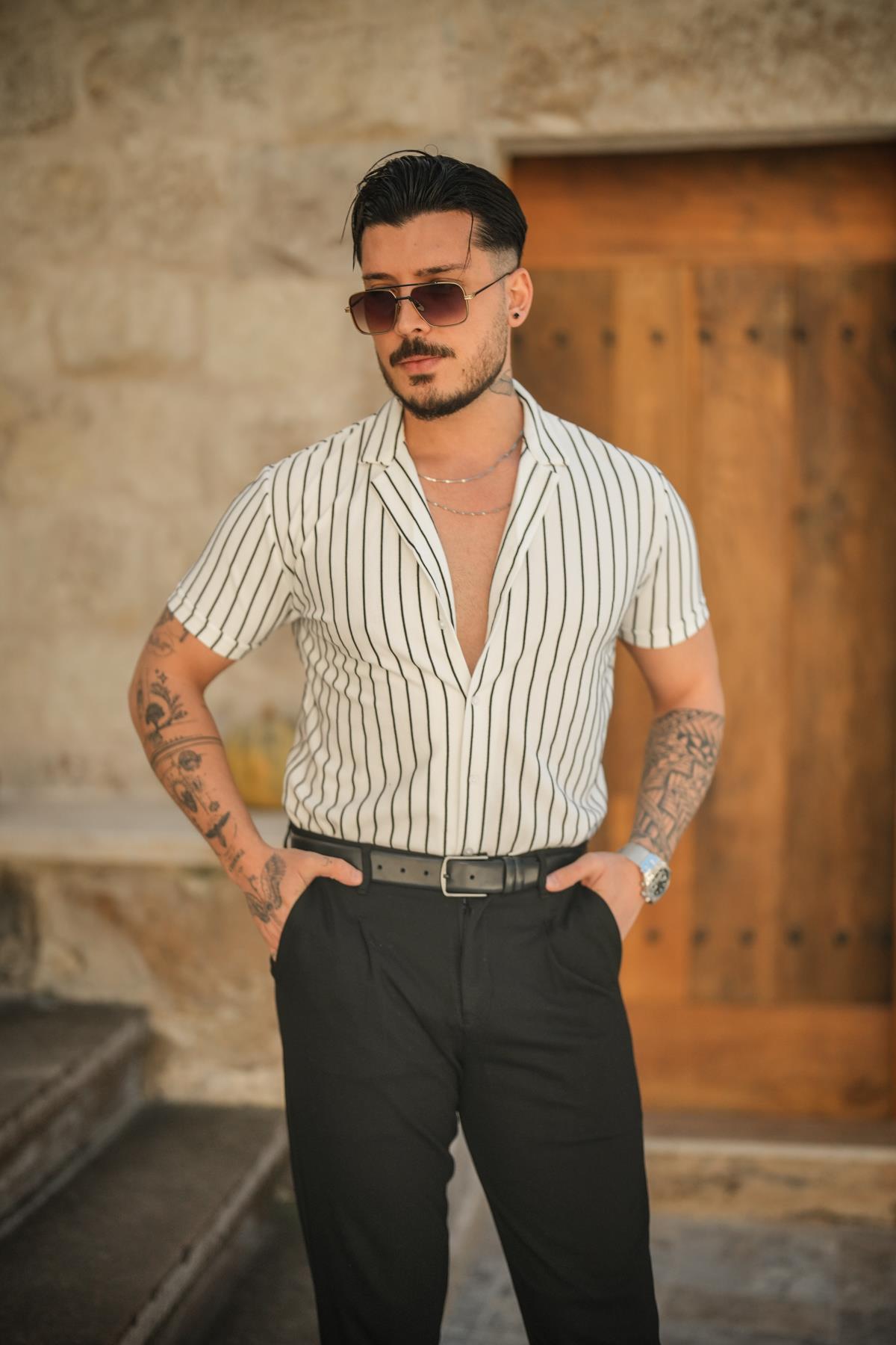 Dik Çizgili Slim Fit Gömlek Beyaz