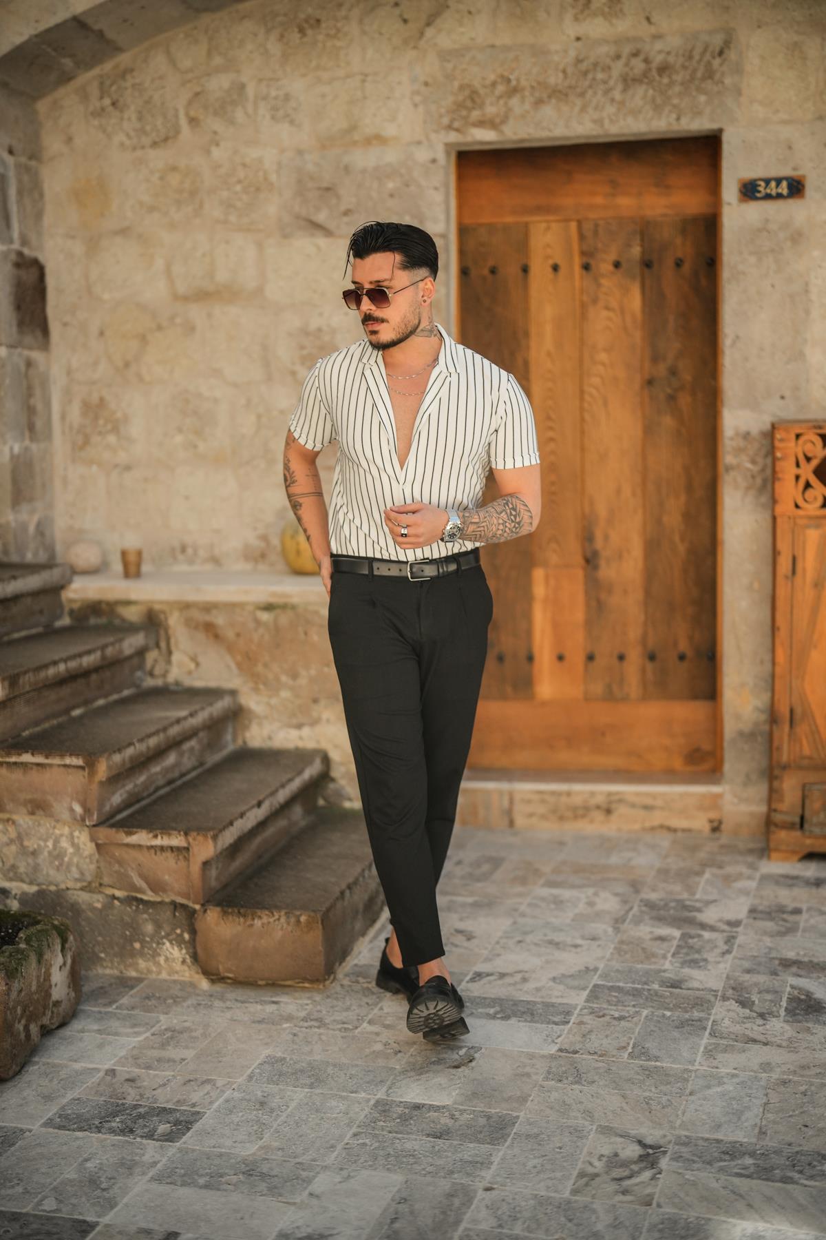 Dik Çizgili Slim Fit Gömlek Beyaz