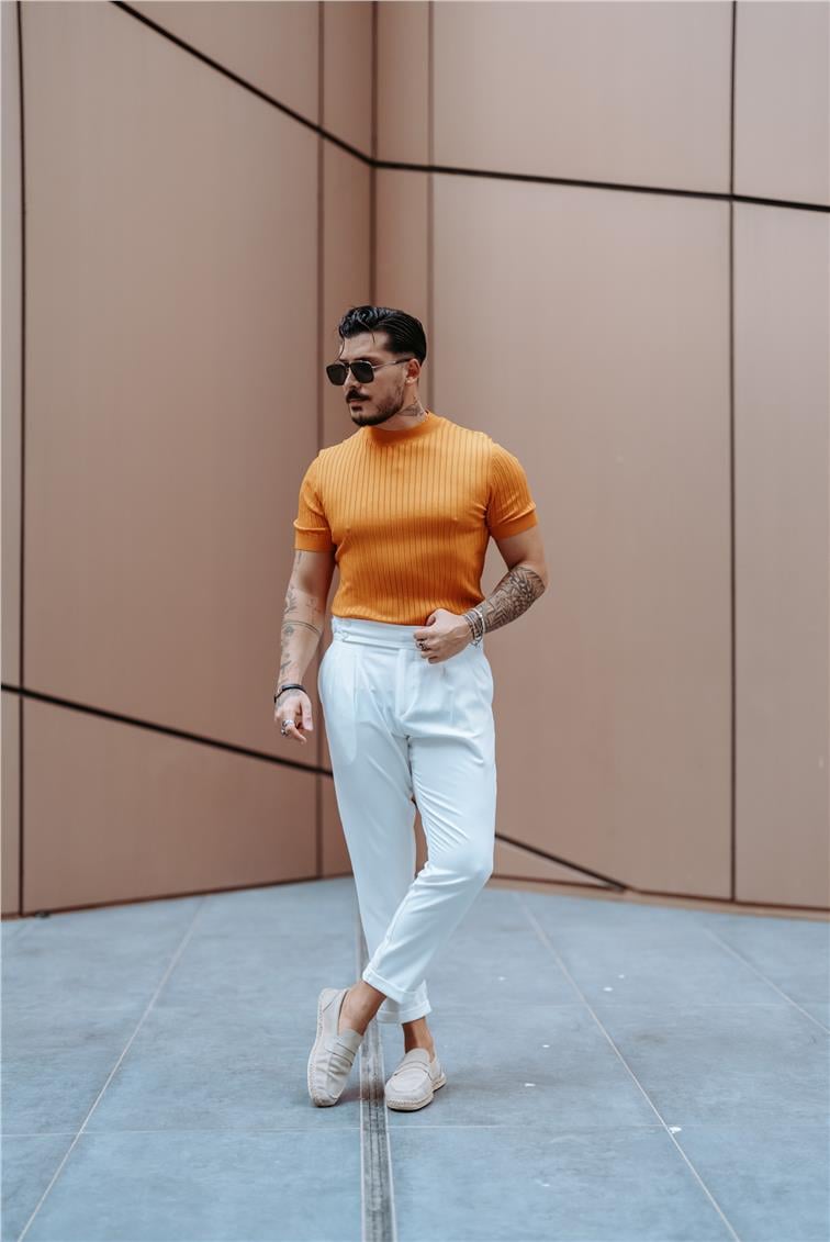 Dik Kabartmalı Slim Fit T-Shirt Turuncu