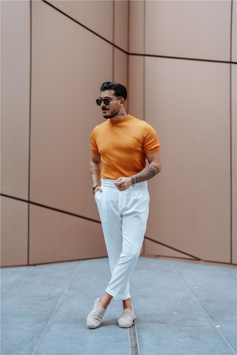 Dik Kabartmalı Slim Fit T-Shirt Turuncu