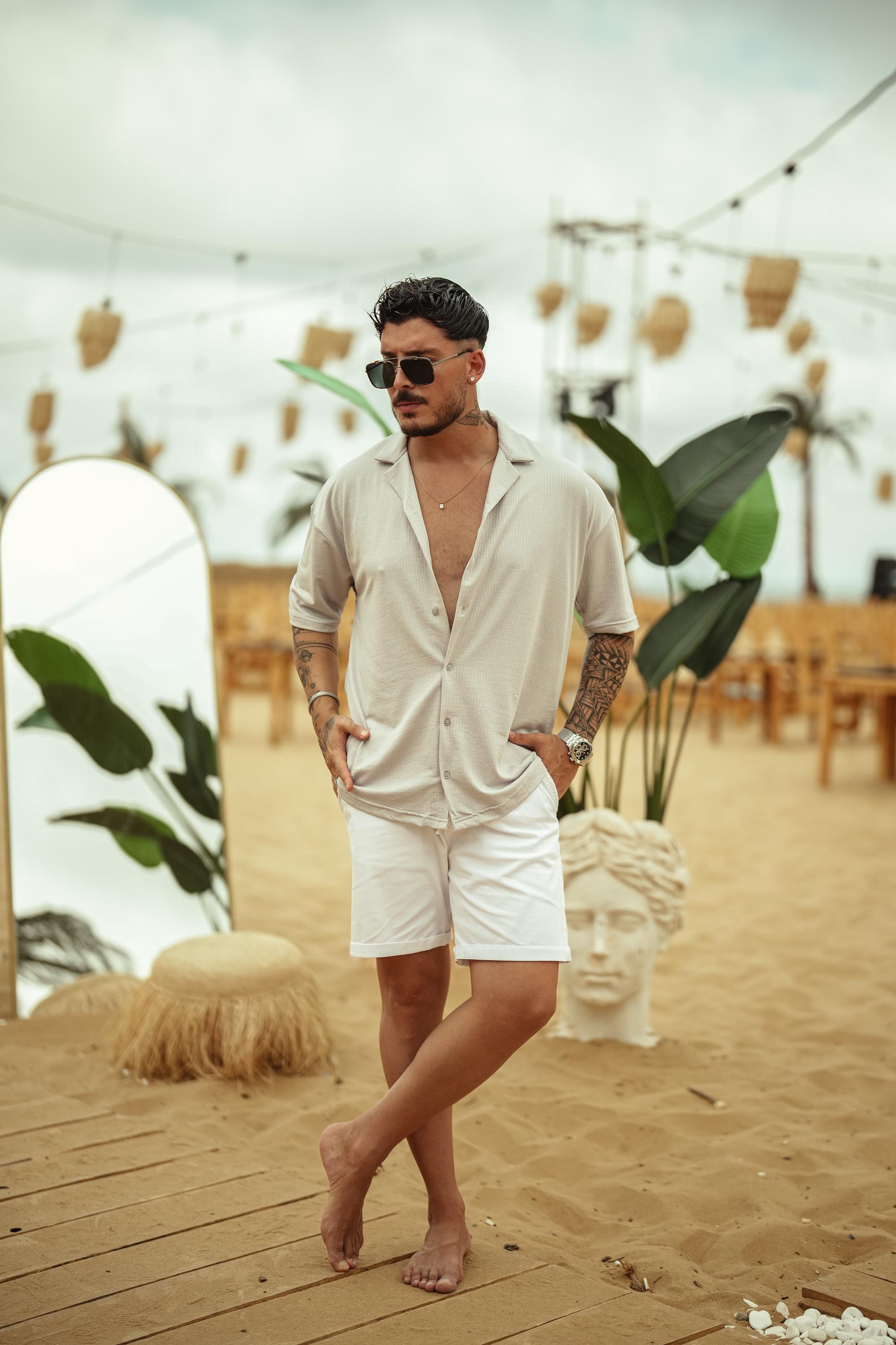 Dik Şeritli Oversize Kısa Kol Gömlek Gri