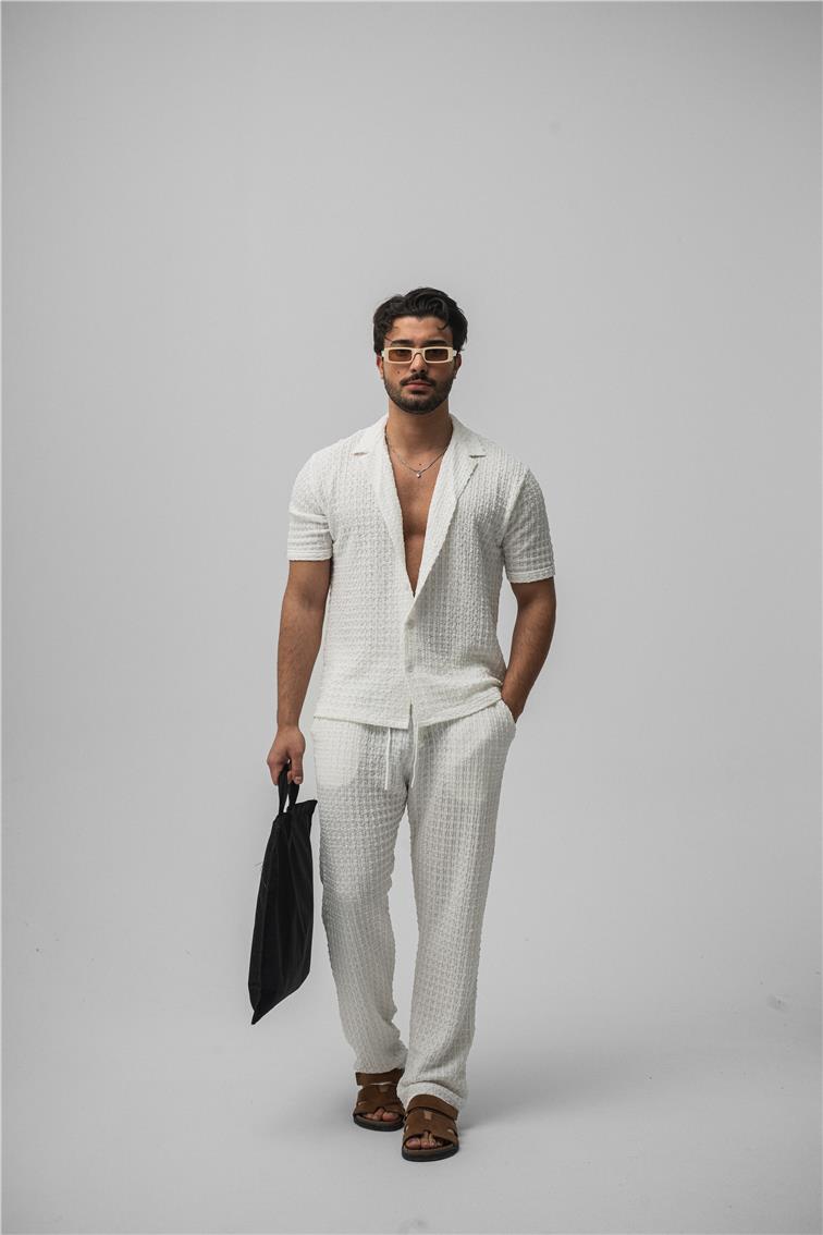 Dokulu Kumaş Oversize Gömlek Beyaz