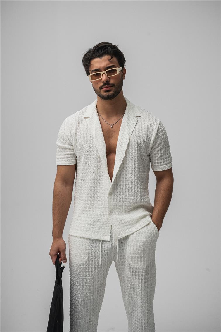 Dokulu Kumaş Oversize Gömlek Beyaz