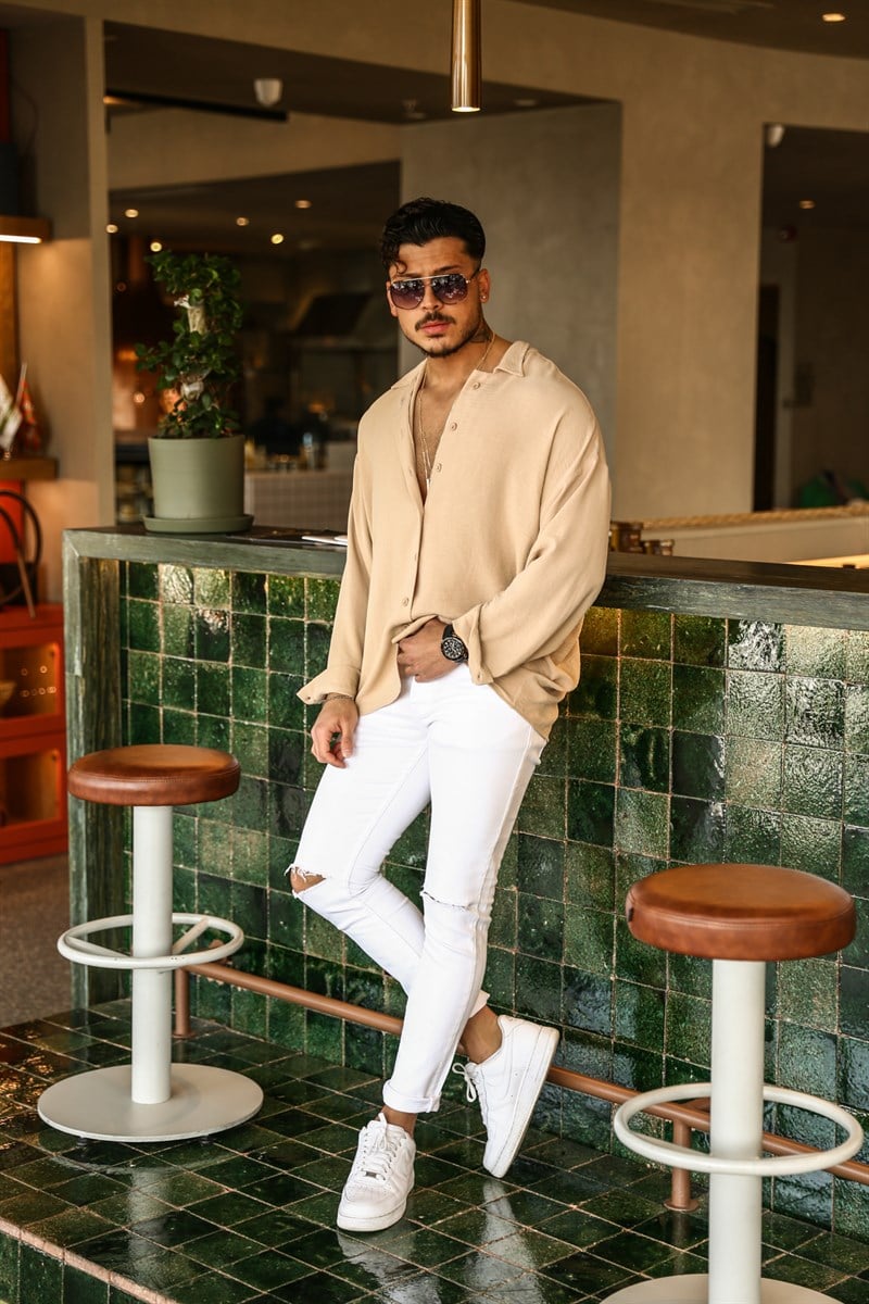 Dokulu Oversize Gömlek Bej