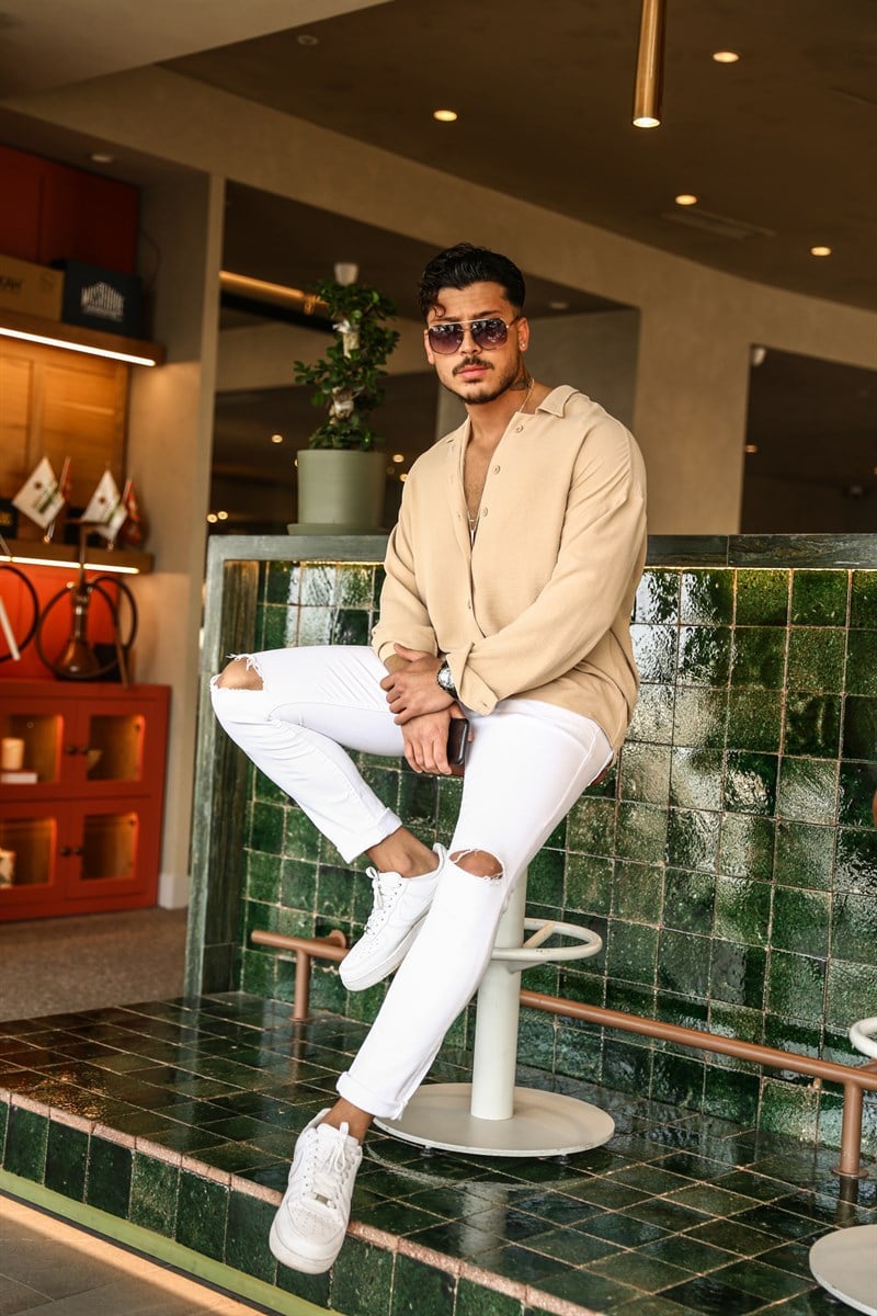 Dokulu Oversize Gömlek Bej