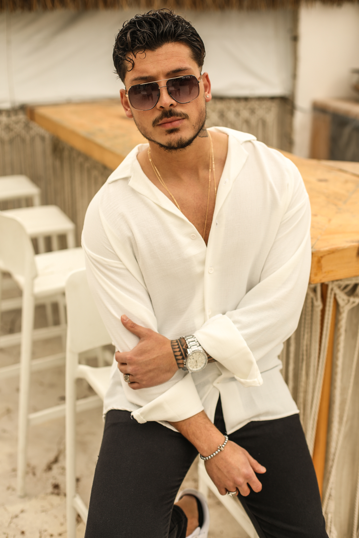 Dokulu Oversize Gömlek Beyaz