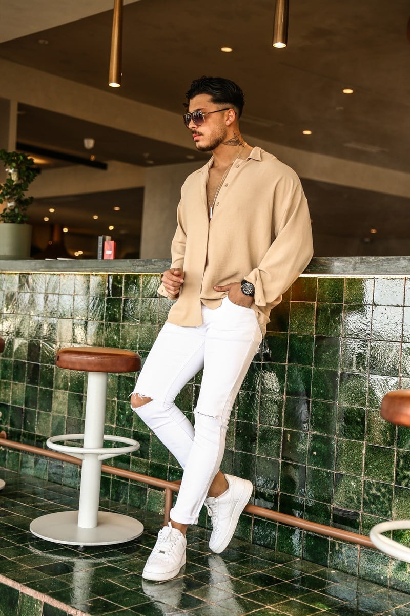 Dokulu Oversize Gömlek Bej