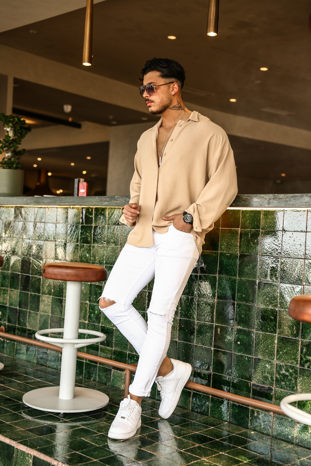 Dokulu Oversize Gömlek Krem