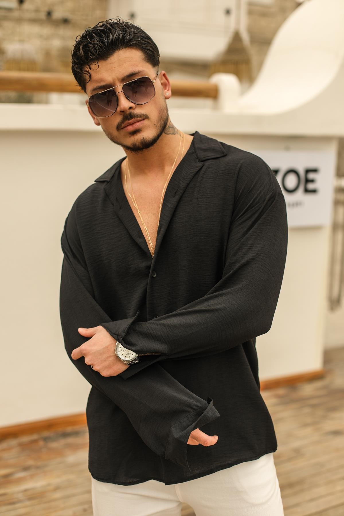 Dokulu Oversize Gömlek Siyah