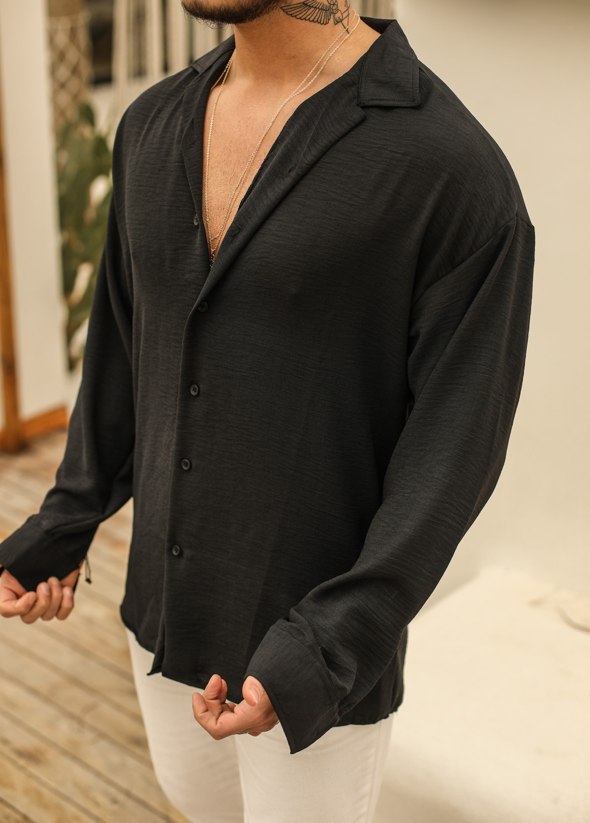 Dokulu Oversize Gömlek Siyah