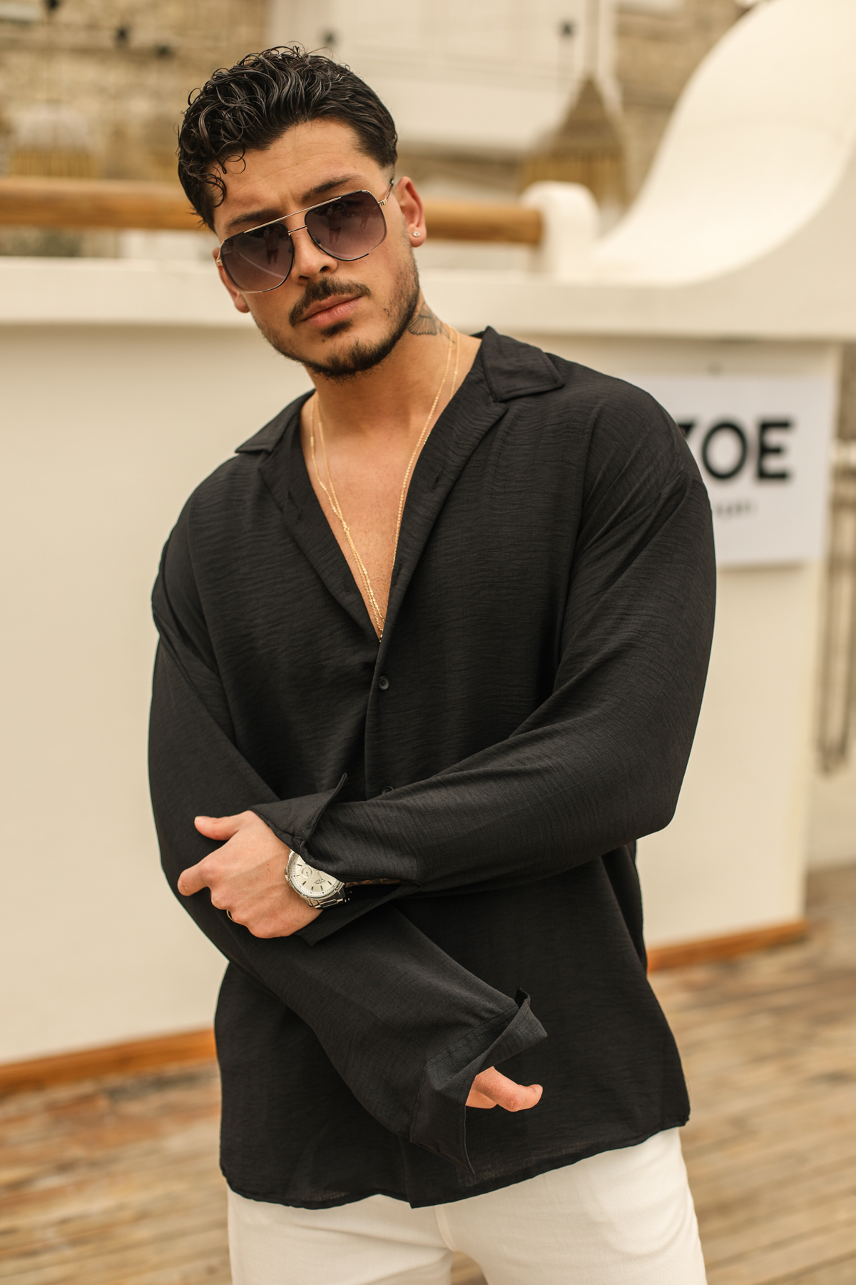 Dokulu Oversize Gömlek Siyah