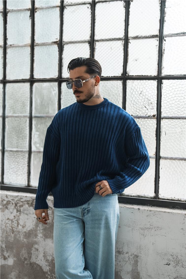 Dolgun Kumaş Yıkamalı Oversize Kazak Yıkamalı İndigo