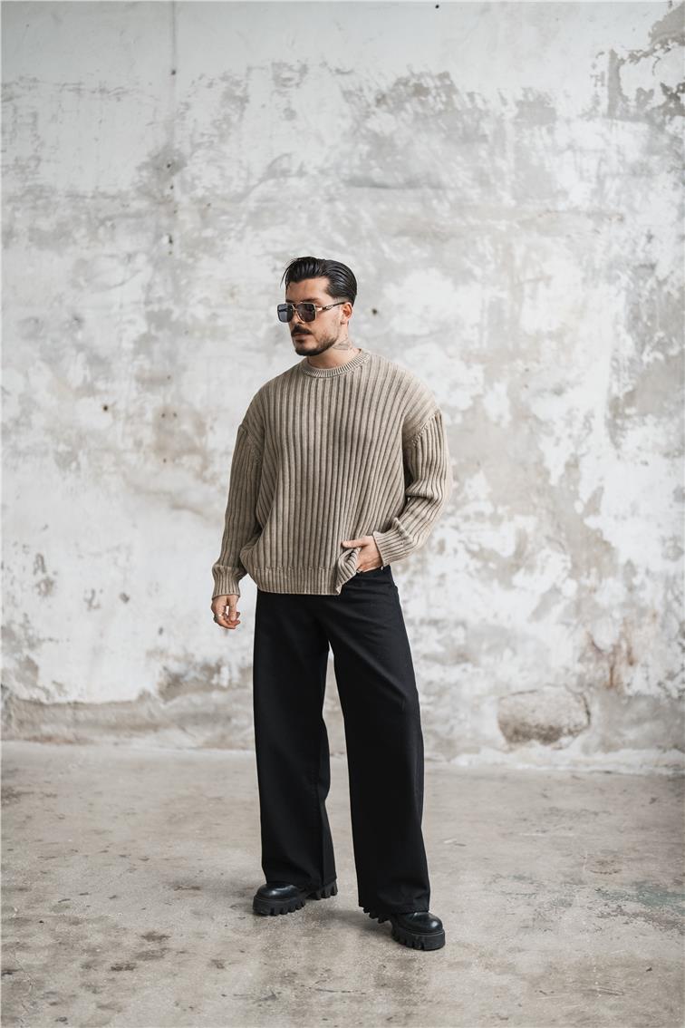 Dolgun Kumaş Yıkamalı Oversize Kazak Yıkamalı Bej