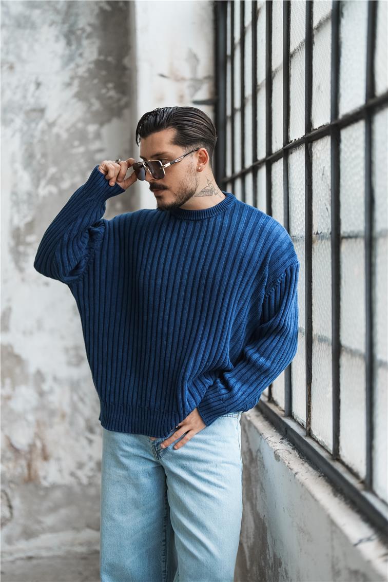 Dolgun Kumaş Yıkamalı Oversize Kazak Yıkamalı İndigo